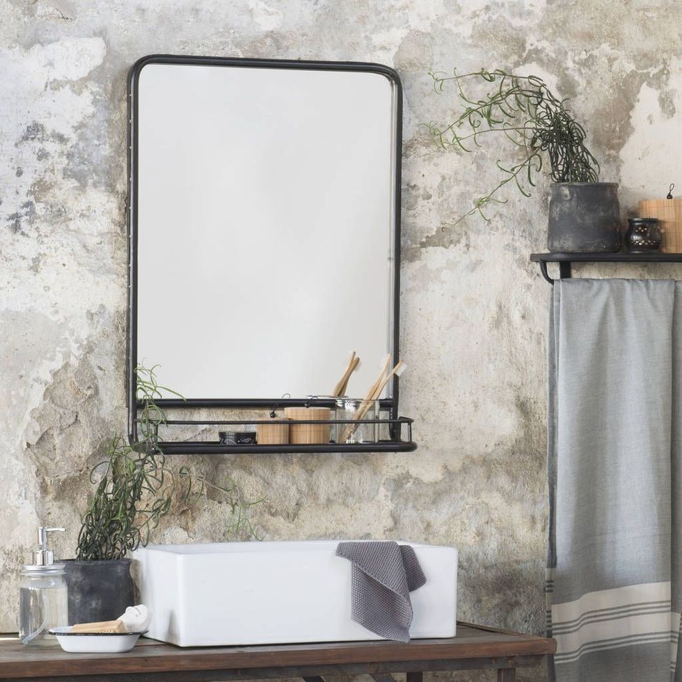 Large Black Industrial Mirror With Shelf