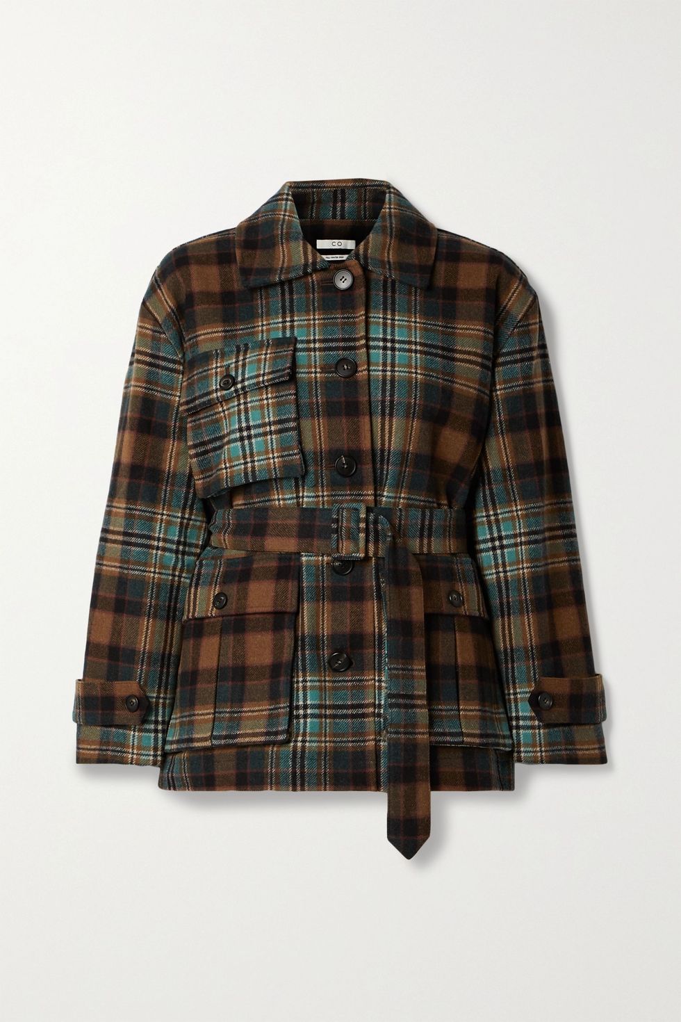 Belted checked wool-blend twill coat