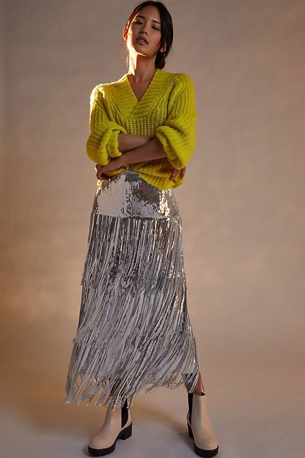 Maeve Tatiana Sequined Fringe Midi Skirt, £185