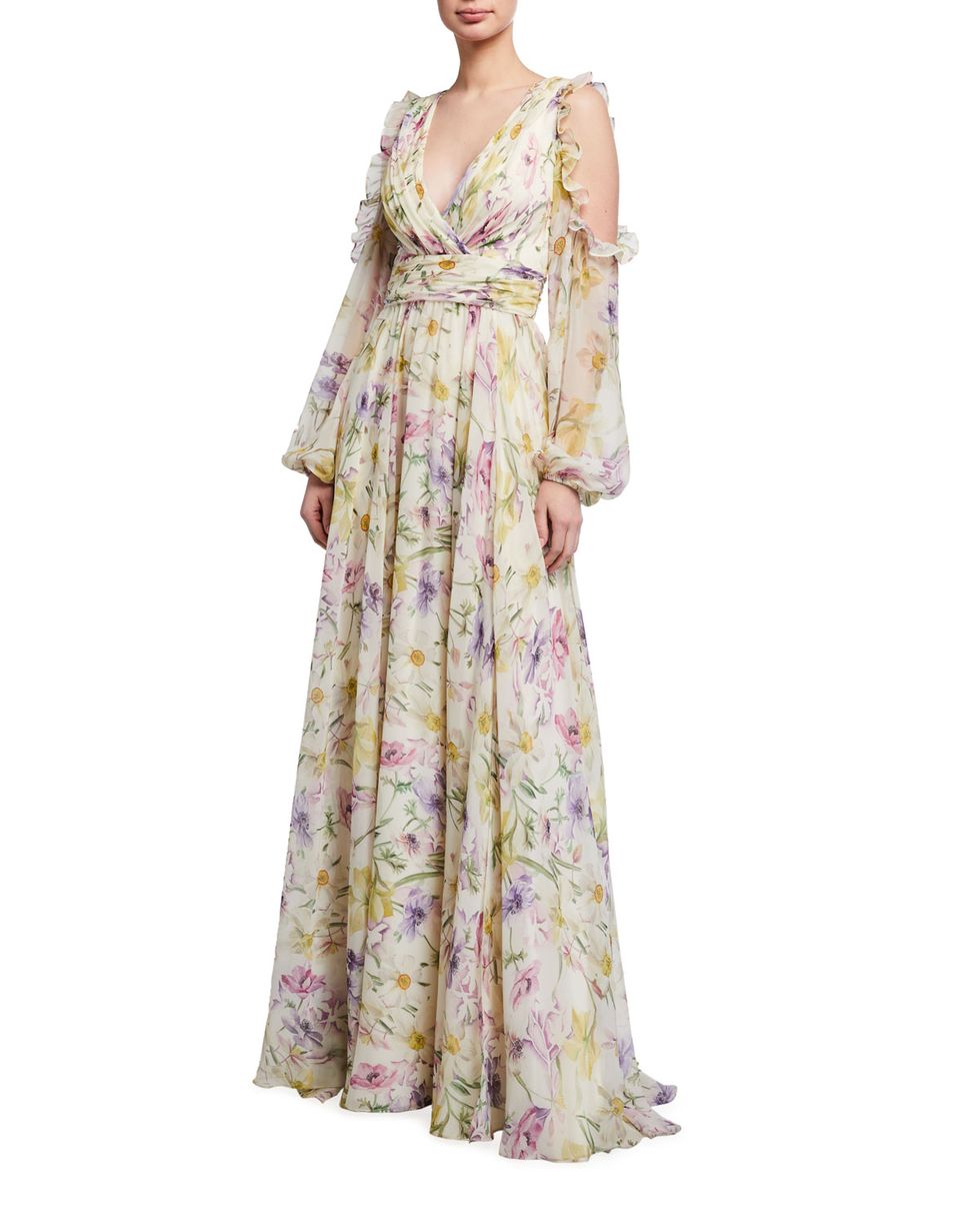 Cold-Shoulder Floral Printed Chiffon Gown