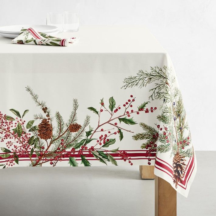 Christmas Linen-look Tablecloth Table runner Doily Beige-Green Embroidery Winter 