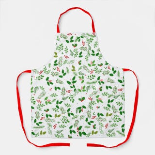 Festive Holly Berry Greenery Holiday Print Apron