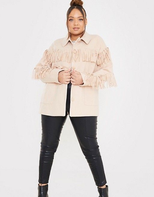 In the Style Plus x Megan McKenna Fringed Jacket in Camel