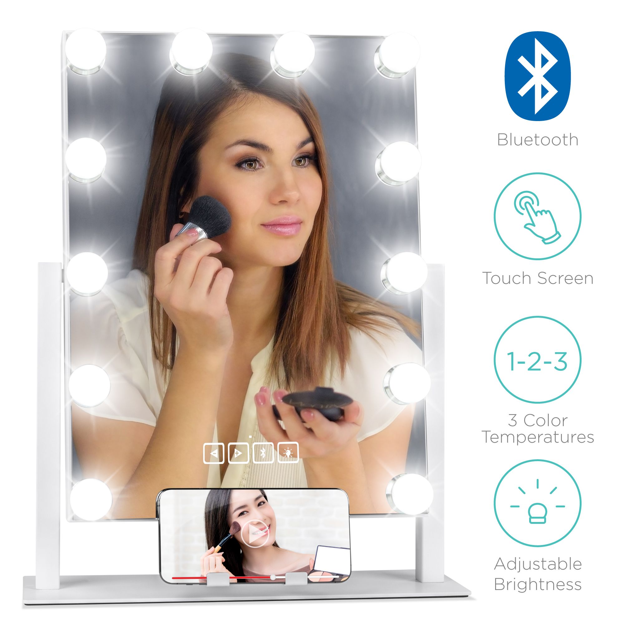 Best Choice Products Hollywood Vanity Mirror w/ Bluetooth Speakers, 12 Adjustable LED Lights, Phone Stand - White