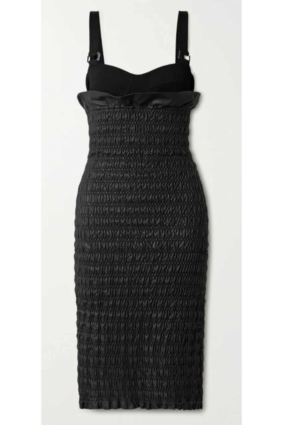 Layered Smocked Leather and Stretch Knit Dress