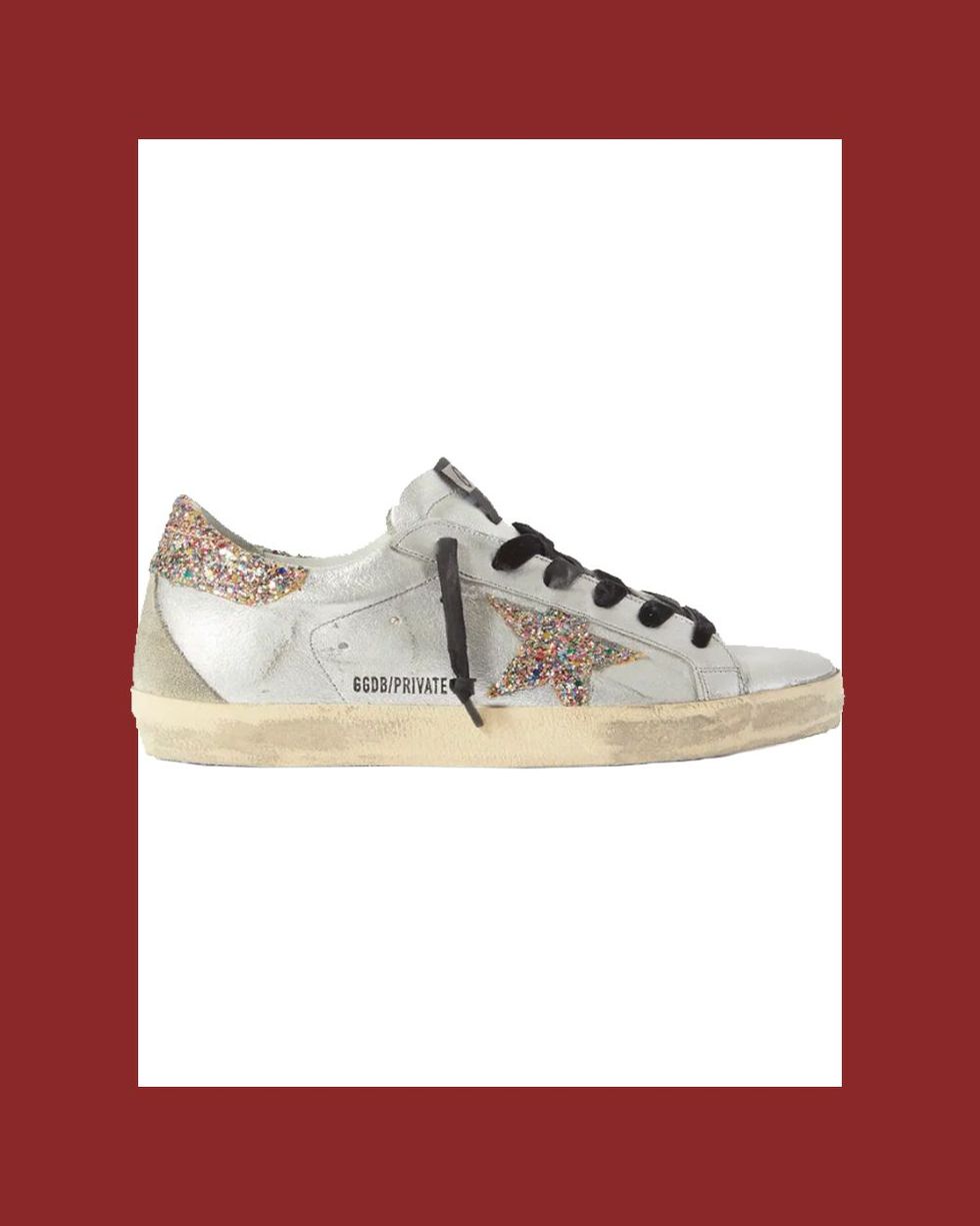 Superstar Distressed Glittered Metallic Leather Sneakers