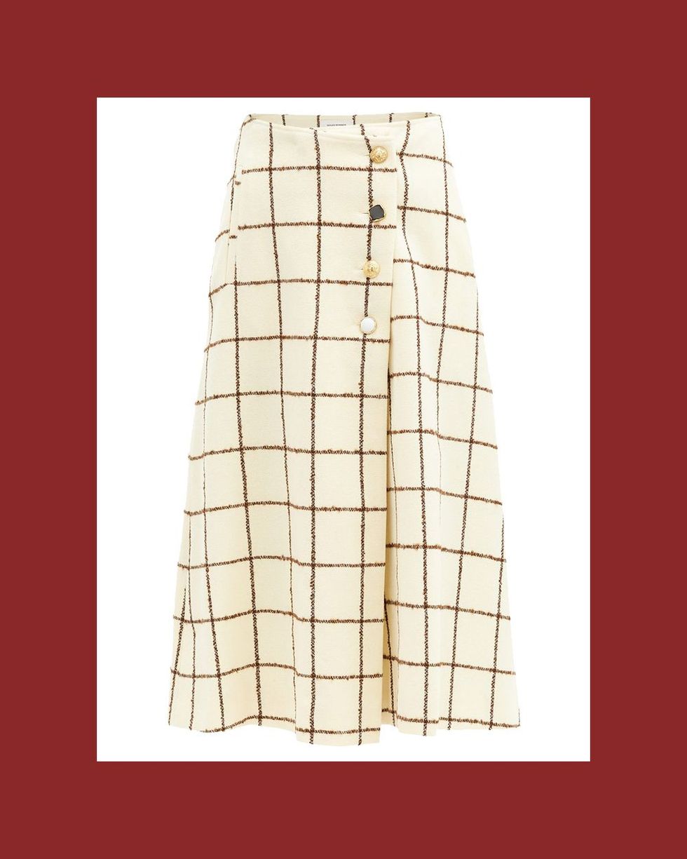 Checked Wool-Blend Wrap Skirt
