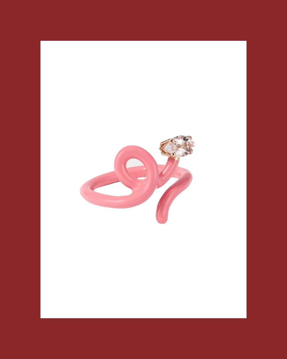 Baby Vine Tendril Rose Gold, Enamel, and Rock Crystal Ring