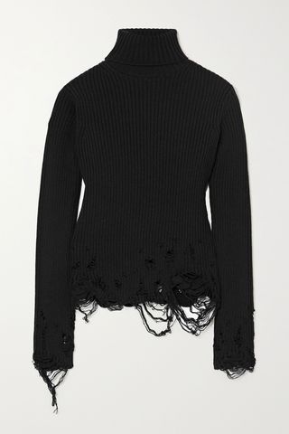 Distressed ribbed wool turtleneck sweater