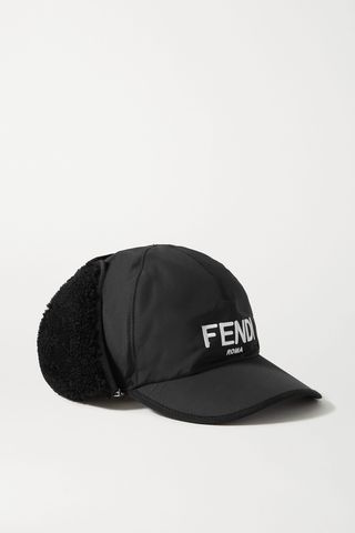 Shearling-trimmed embroidered shell baseball cap