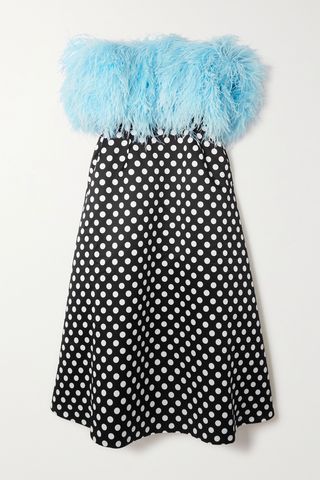 Feather-trimmed polka-dot satin midi dress