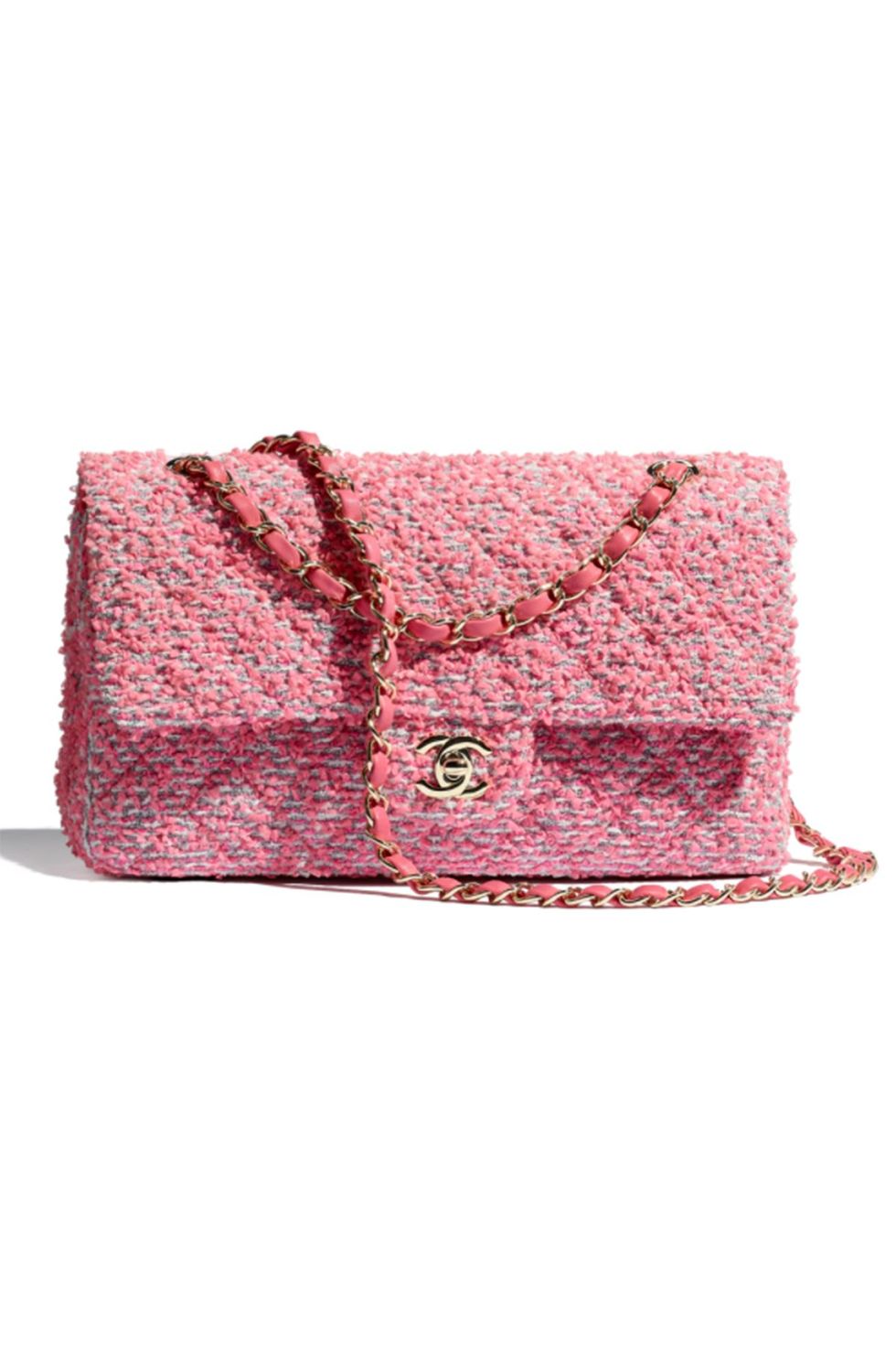 CHANEL Tweed Crystal Bead Flower Embellished Quilted Medium Double Flap Pink  1224389