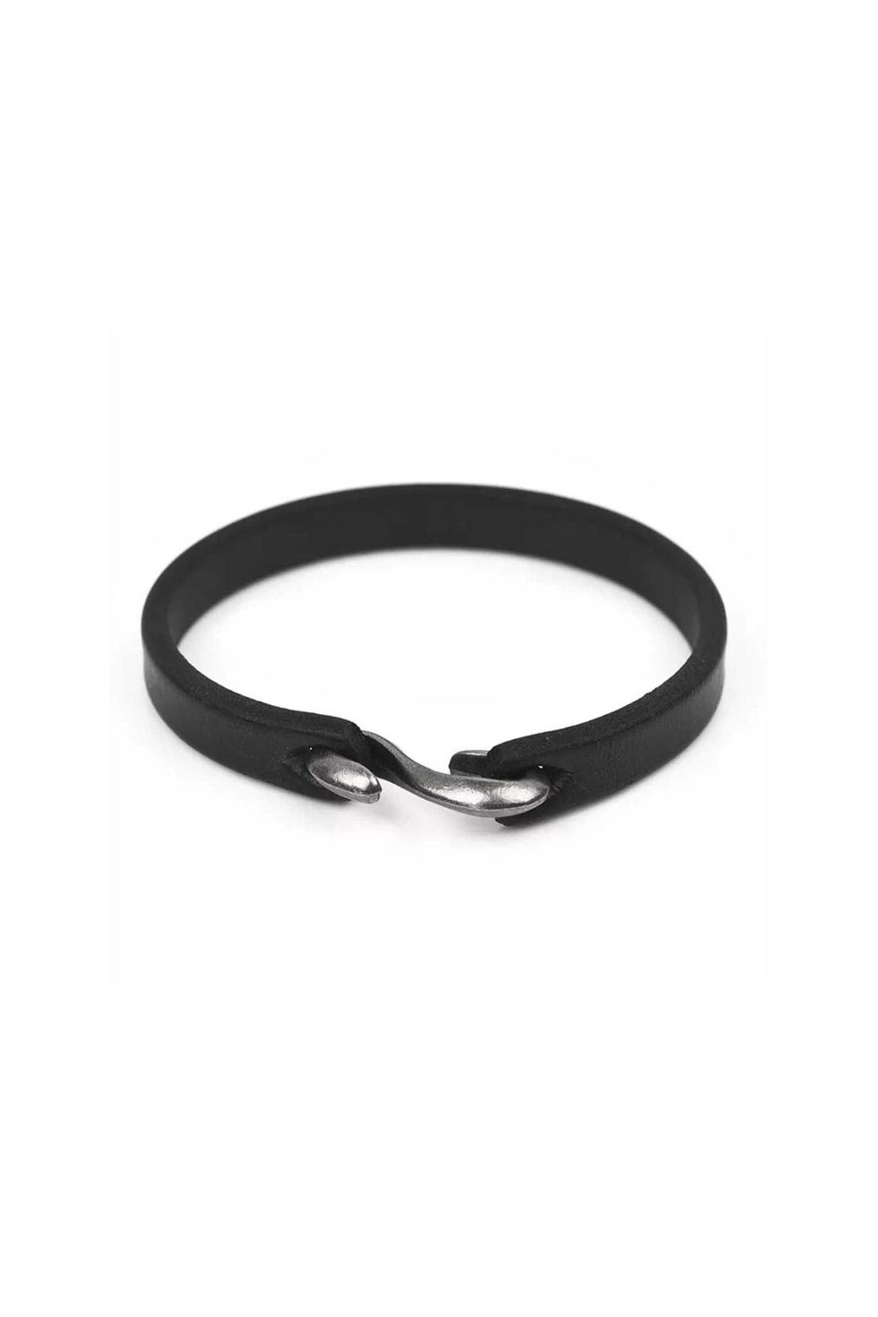 Mens Black Leather Bracelet With Metal Hook Closure