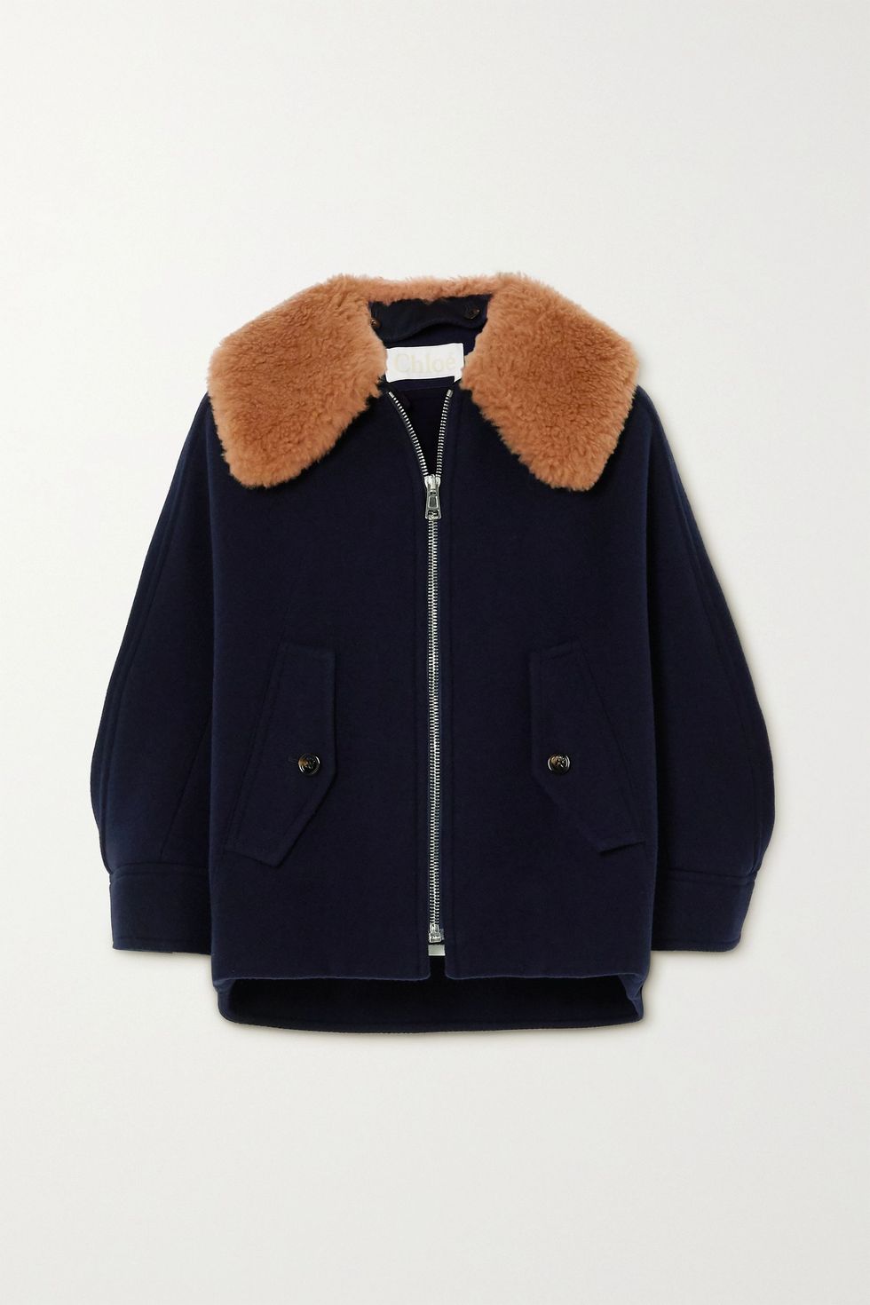 Convertible shearling-trimmed wool-blend jacket
