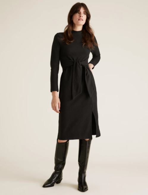 Jersey Brushed Belted Midi Shift Dress