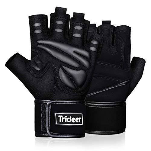 WEIGHT LIFTING GLOVES LONG WRIST STRAP GYM WORKOUT FITNESS TRAINING BLACK 