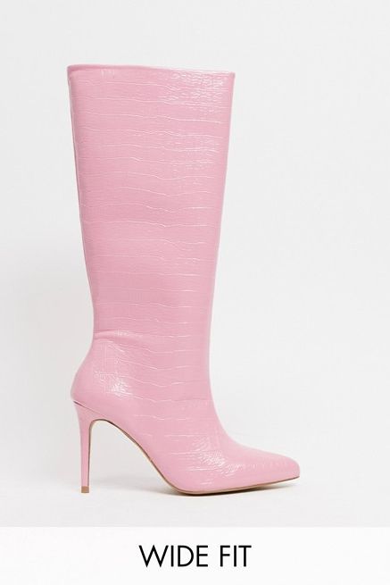 Wide Fit Claudia knee high boots in pink croc