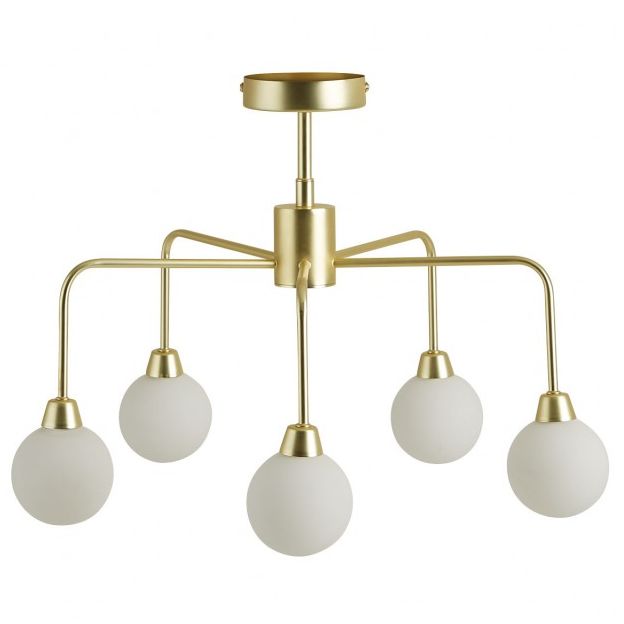 White glass and brass metal 5 arm chandelier