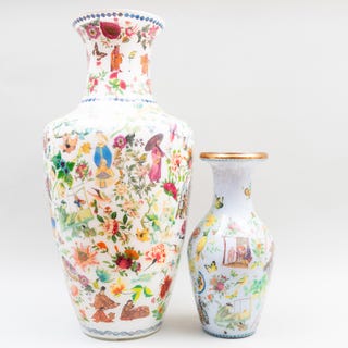 Large & Small Chinoiserie Decalcomania Vases