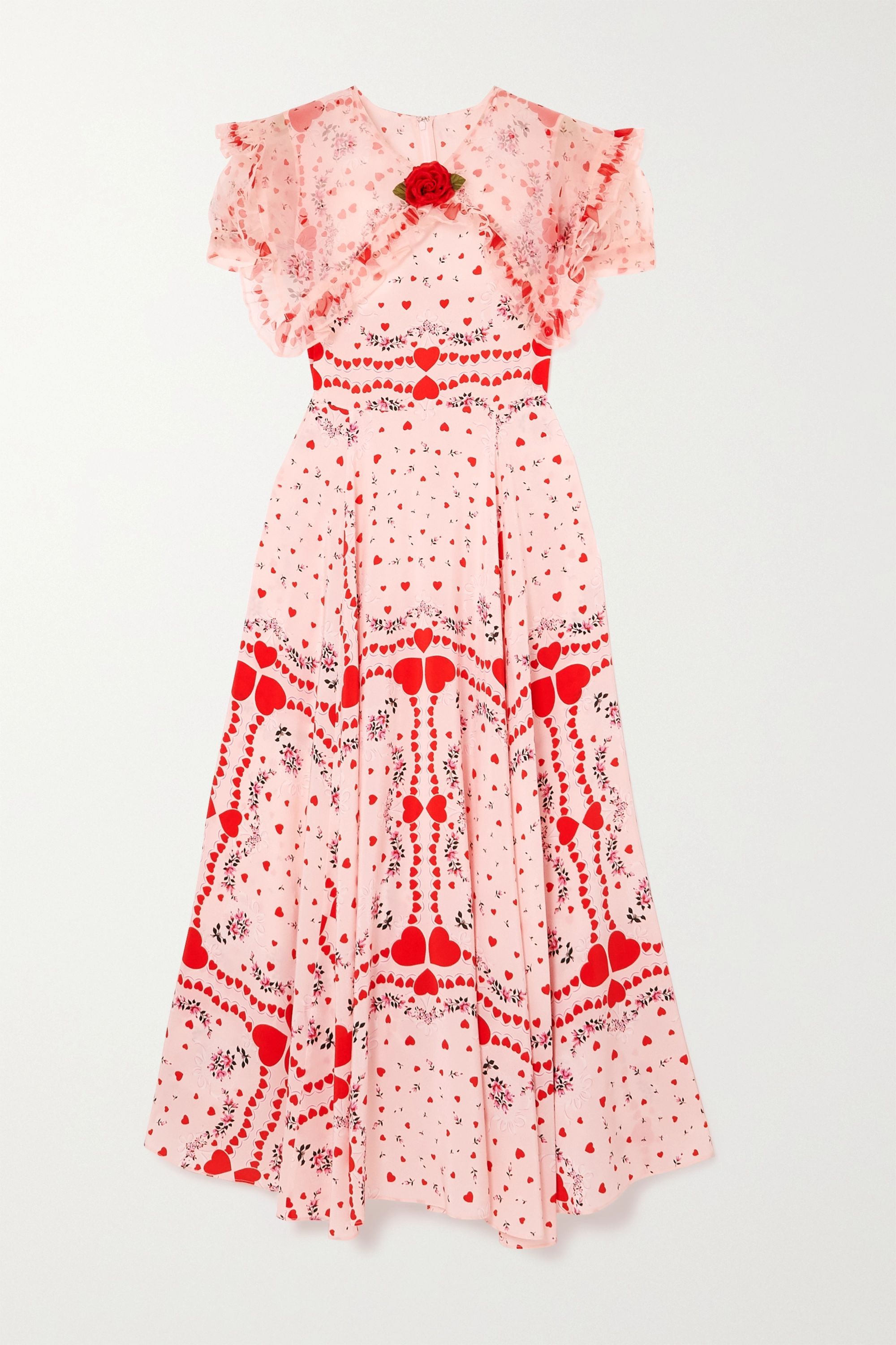 Ruffled Organza-Trimmed Printed Silk Crepe De Chine Dress