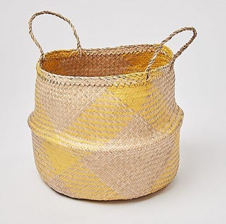 Yellow Checked Seagrass Storage Basket