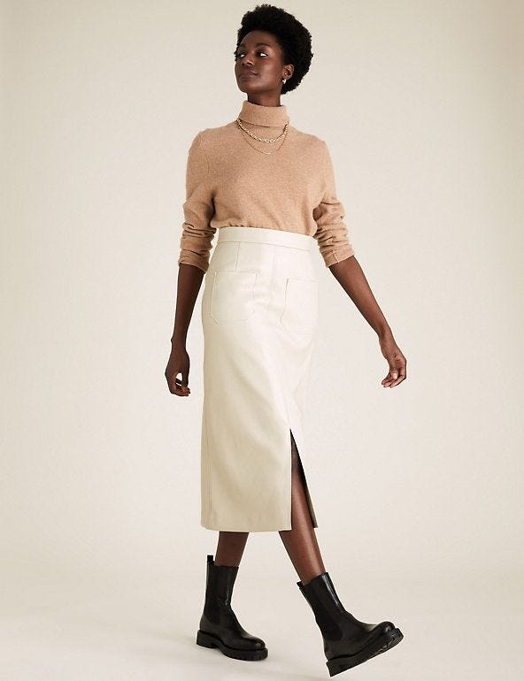 Faux Leather Split Front Midi A-Line Skirt