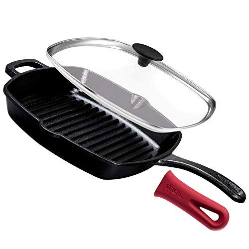Cuisinel Cast-Iron Square Grill Pan with Glass Lid 