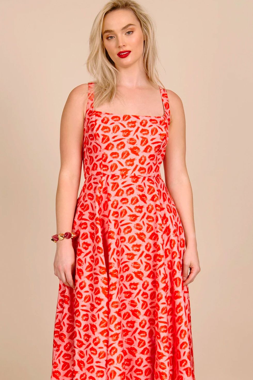 Lip Print Square Neck Dress with A-Line Skirt