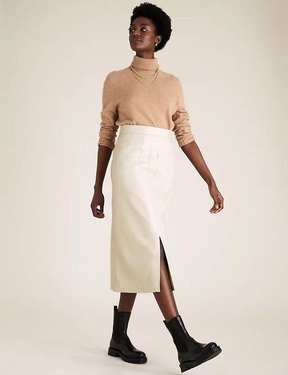 Jane Moore's cream M&S faux leather midi skirt