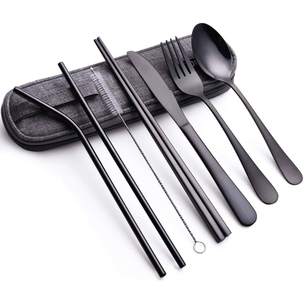 Travel Reusable Utensils Silverware with Case,Camping Cutlery  set,Chopsticks and Straw for Camping, Portable Flatware Cutlery Set with  Case, Stainless steel Tra…