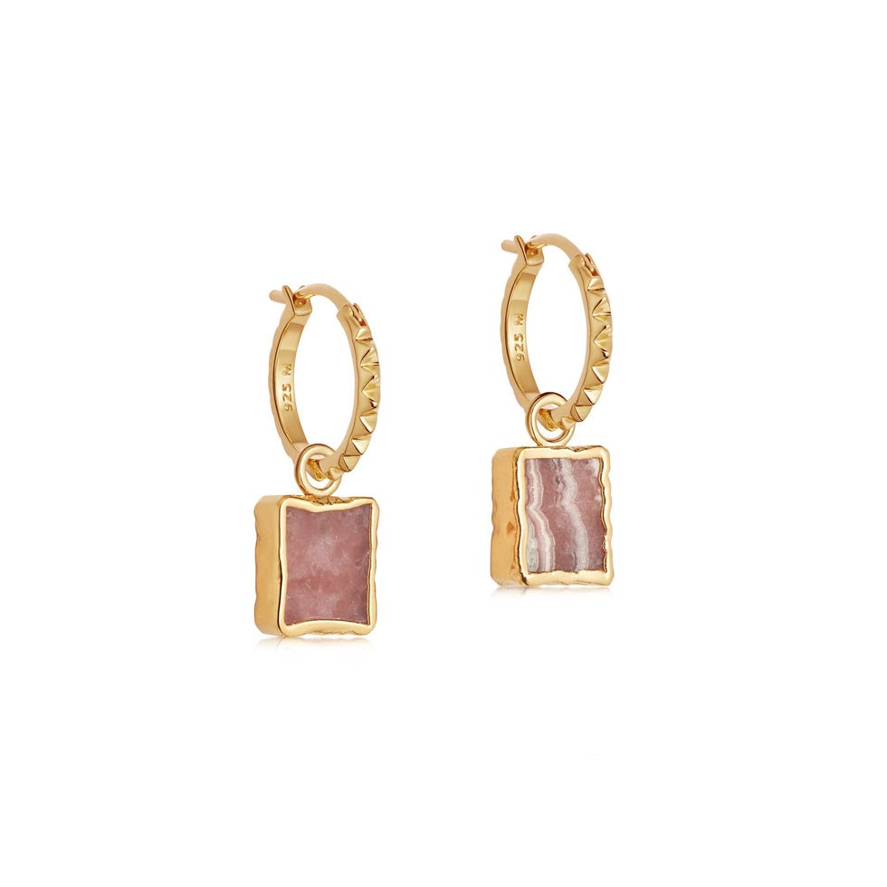 Rhodochrosite Gold Mini Pyramid Charm Hoops, £85