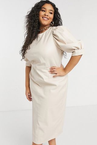 Leather look puff sleeve pencil skirt midi dress in stone