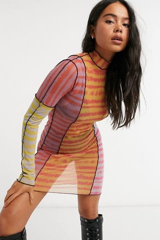 High neck bodycon dress in mixed tie dye print with exposed seams