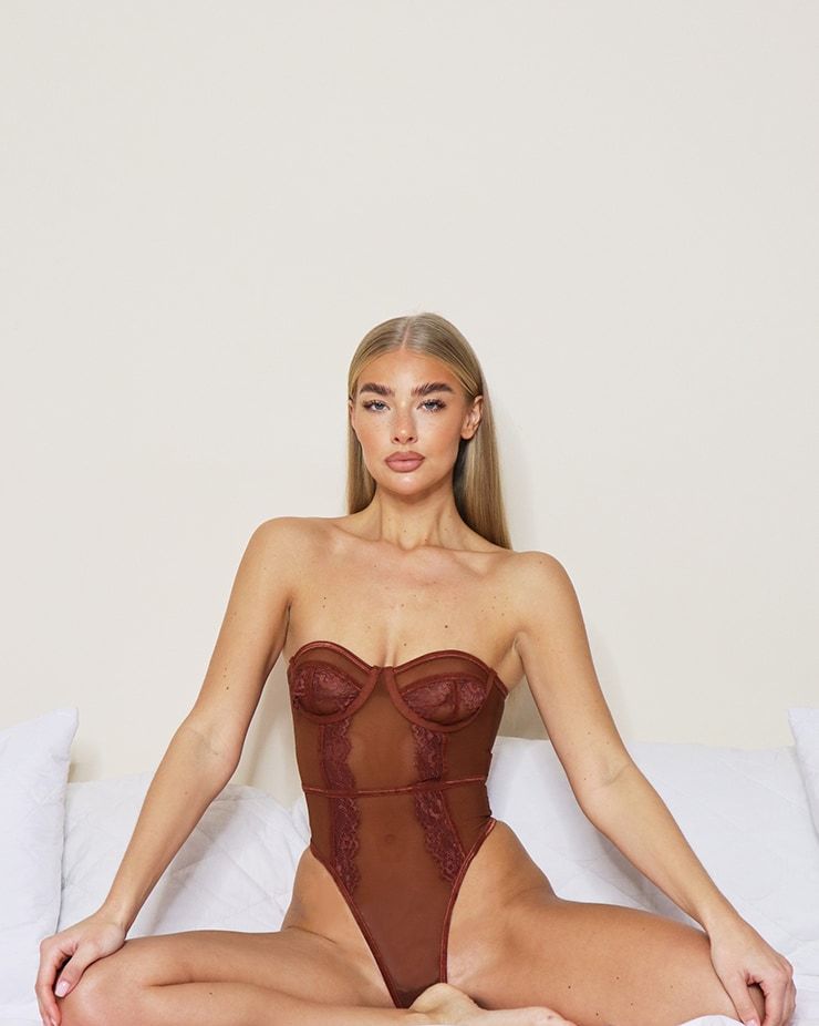 Chocolate Contrast Mesh and Lace Underwired Body