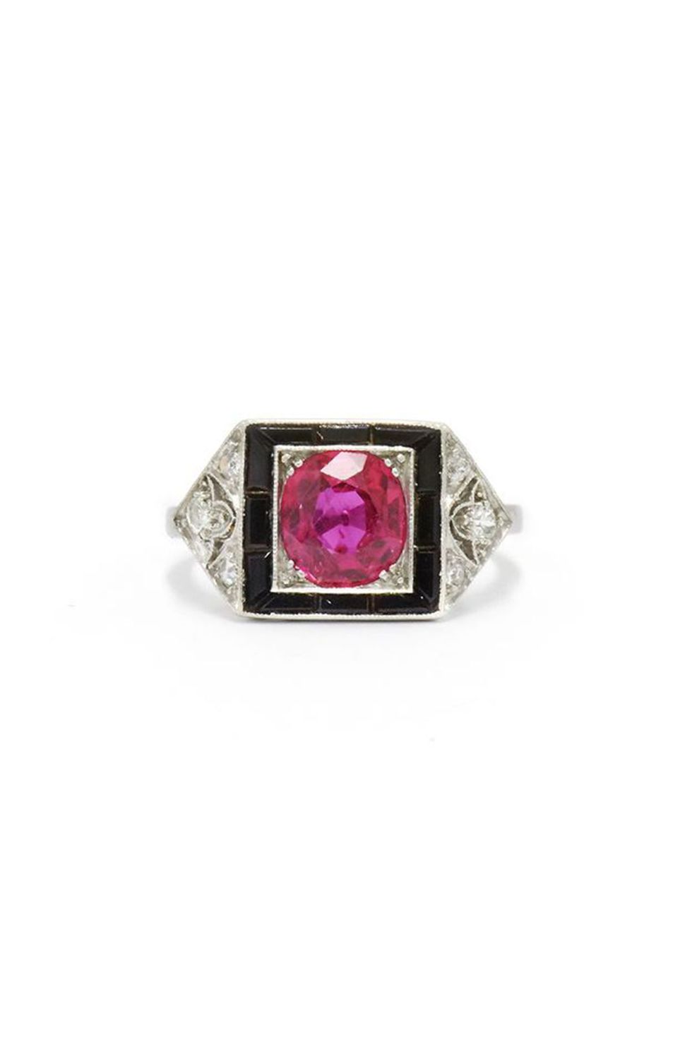 Art Deco Pink Sapphire, Onyx, and Diamond Ring