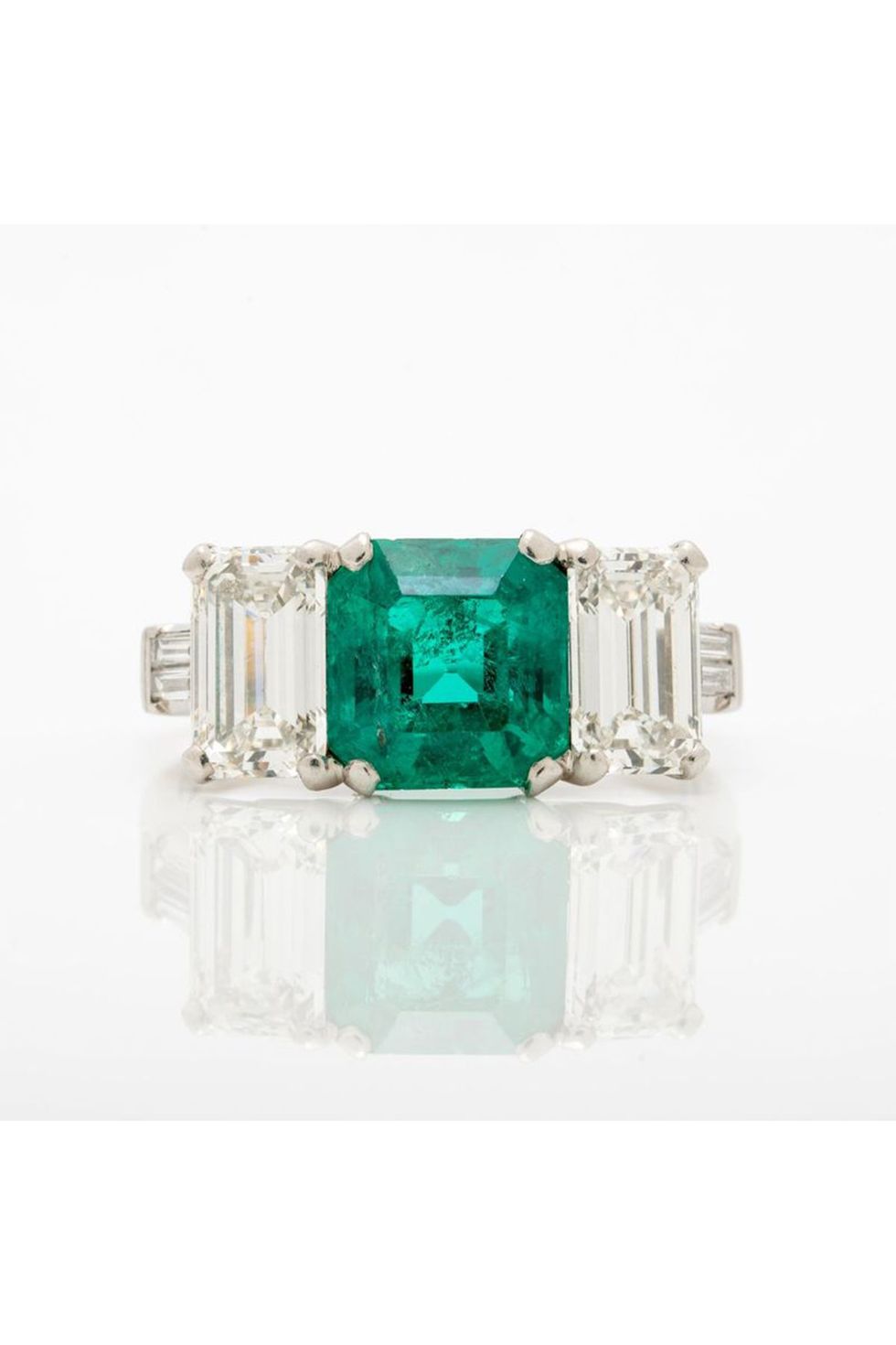 Vintage Platinum 1.20ct Colombian Emerald and 1.10ct Emerald Cut Diamond Ring c.1950s