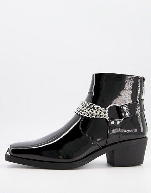 ASOS DESIGN cuban heel western chelsea boots in black patent with silver chain