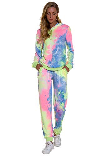 Women Sweatsuits Casual 2 Piece Outfit Long Sleeve Tracksuits Tie Dye Hoodie Activewear Sports Sets(Yellow and Pink, Small)