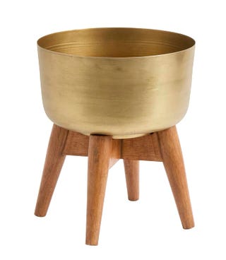 Small Brass Planter With Mango Wood Stand