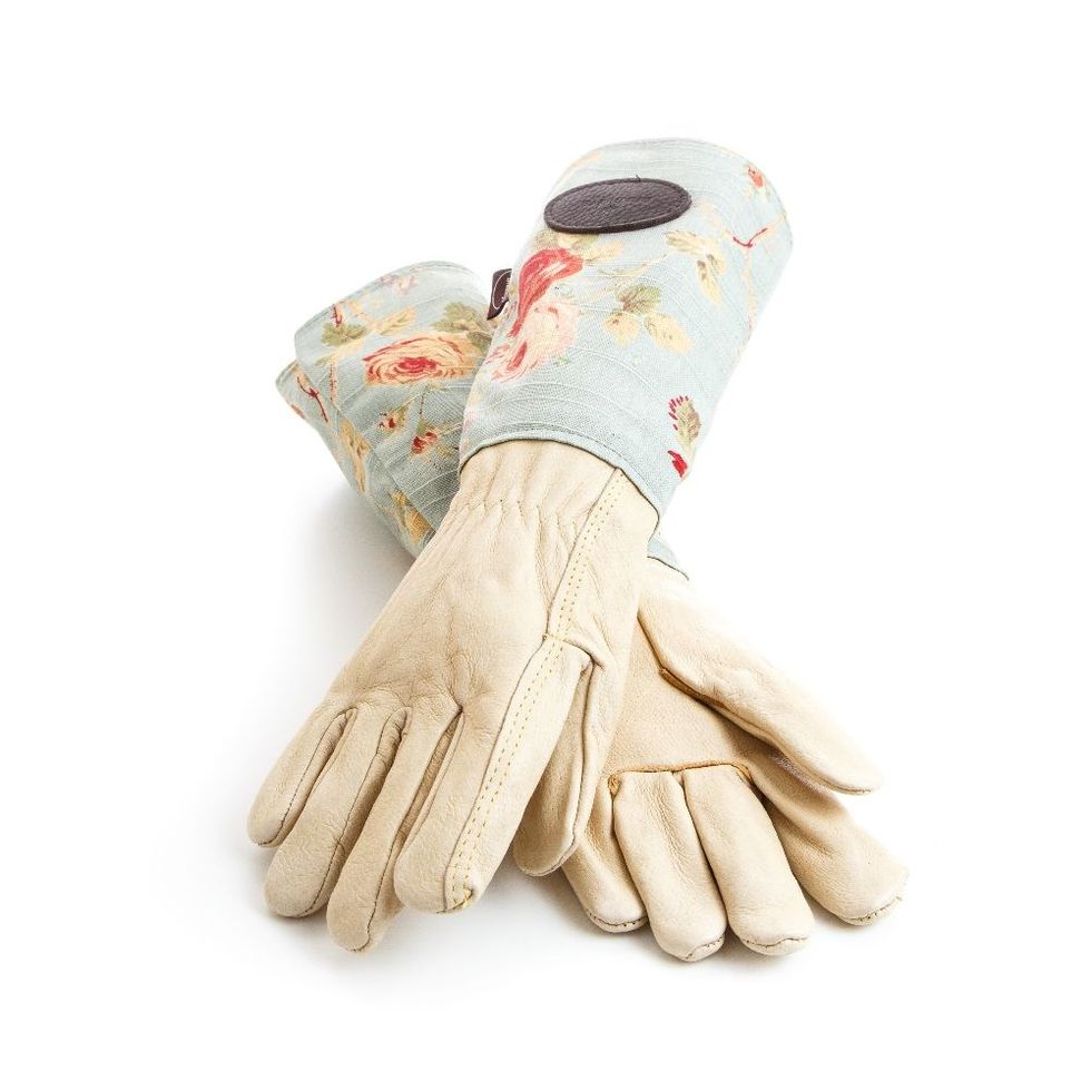 Floral linen and leather gardening gloves - two sizes