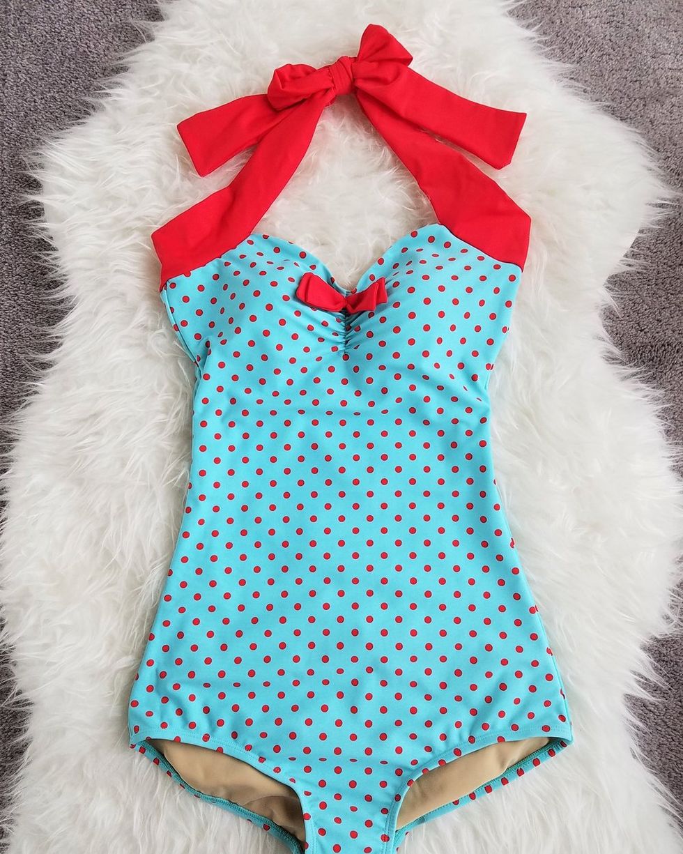 Navy & White Dots Vintage Skirted One Piece Swimsuit