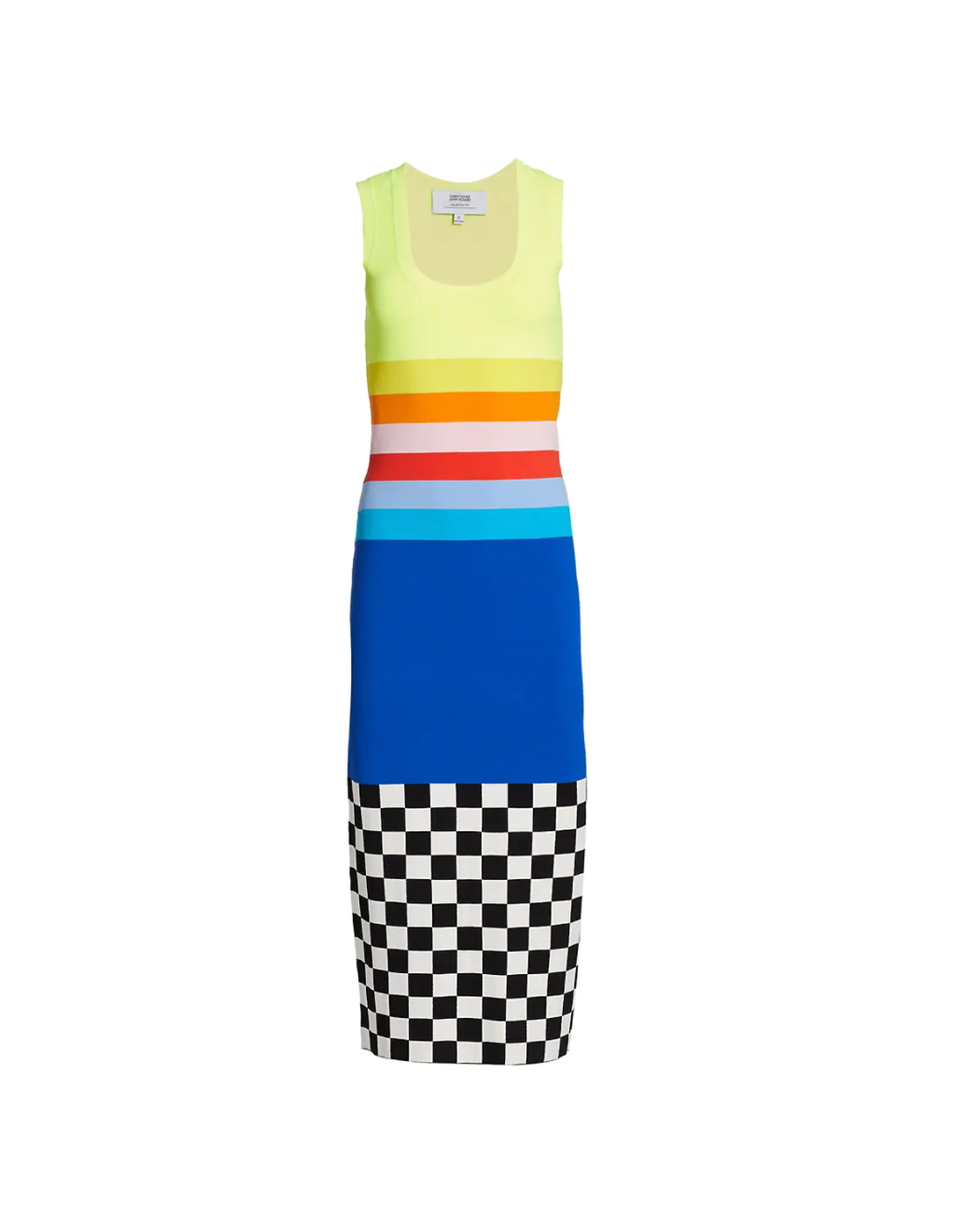 Rainbow & Check Bodycon Midi Dress