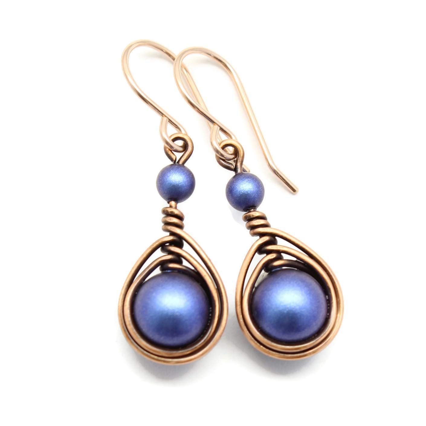 Copper Wire Wrapped Earrings with Simulated Pearl Black 