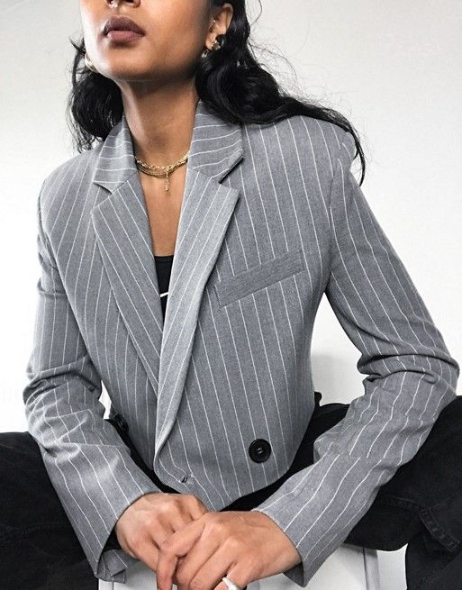 Bershka cropped blazer in grey pinstripe