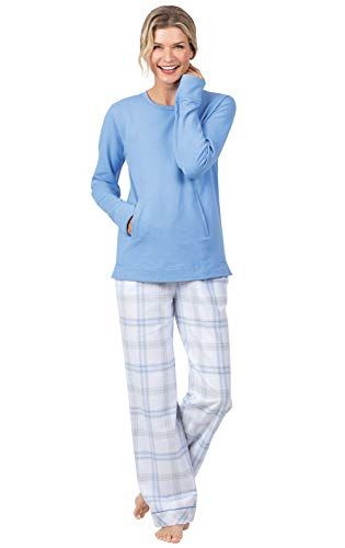 Cozy Christmas Pajamas, women's plaid pajamas, women's blue pajama top with  green and blue plaid pajama pants, Lands End-min