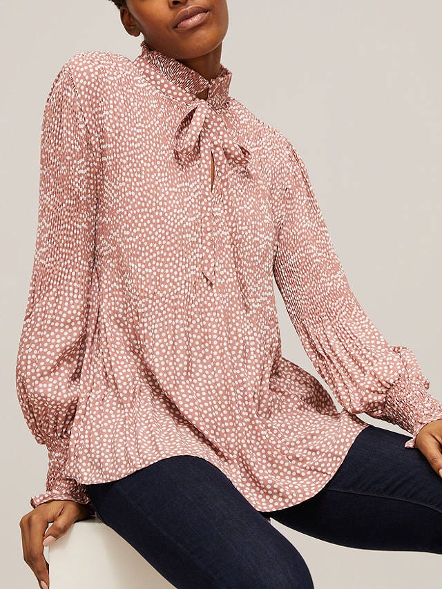 Max Studio Tie Neck Polka Dot Blouse, Pink/Multi