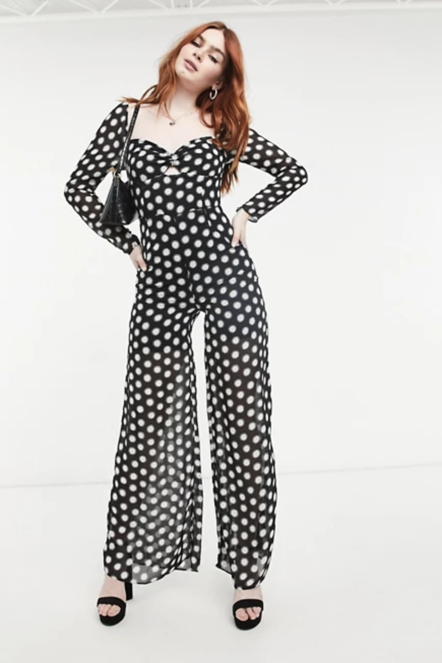 Long Sleeve Jumpsuit in Black and White Spot Print