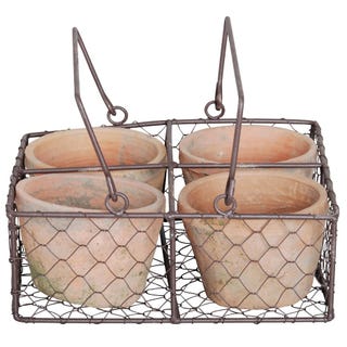 Aged terracotta pot and wire basket set