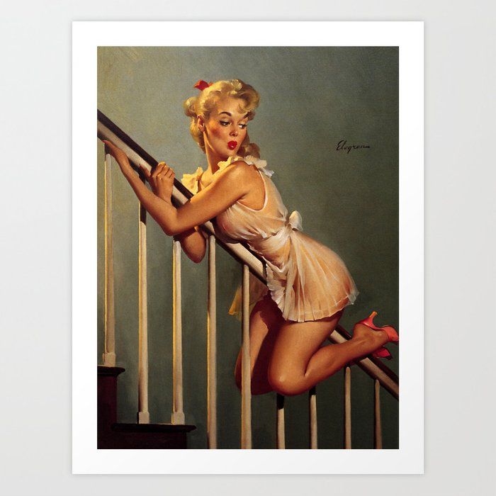 Pin Up Girl on Stair Banister Vintage Art Art Print
