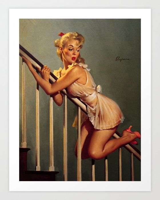 Pin Up Girl on Stair Banister Vintage Art Art Print